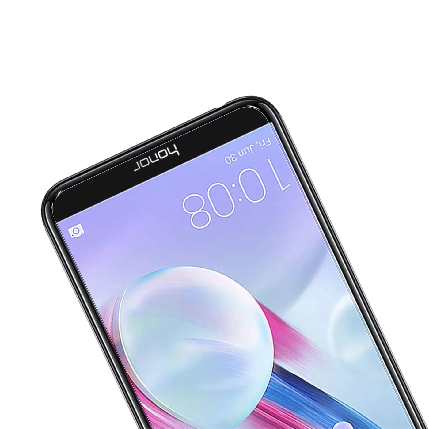 Nahaufnahme eines Honor 9 Lite Smartphones mit schwarzem Rahmen und Displayschutz aus Glas, schräg von oben.