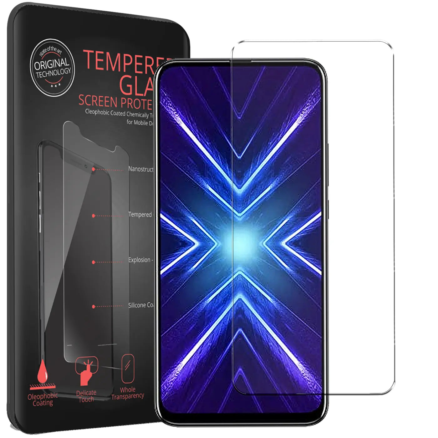 Schwarze Verpackung, Honor 9X Handy mit blauem Display und 2 transparente Panzergläser, von vorne.
