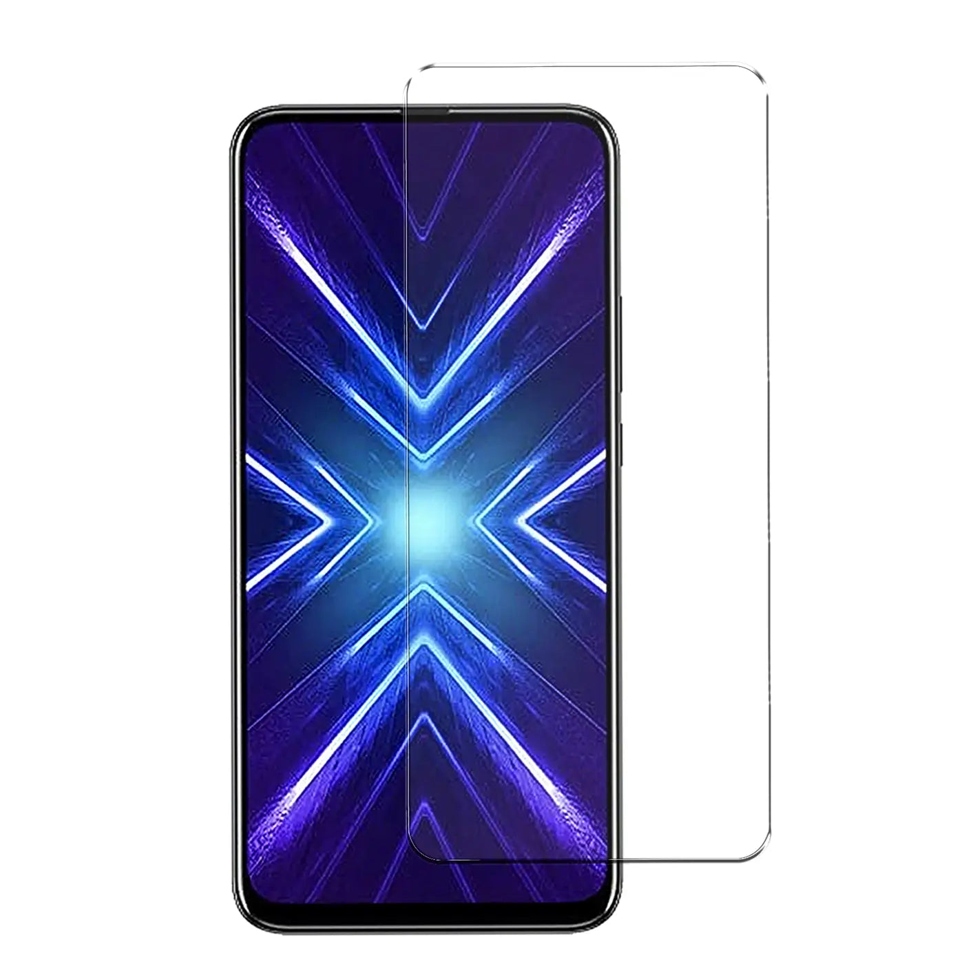 Honor 9X Smartphone von vorne mit transparentem Panzerglas Displayschutz, leicht rechts versetzt.