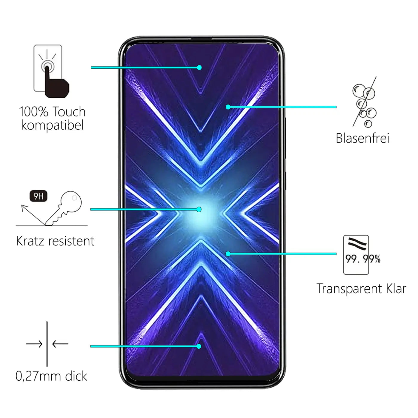 Honor 9X Smartphone mit transparentem Panzerglas-Displayschutz (Glas) von vorne, umgeben von Infografiken auf weißem Grund.
