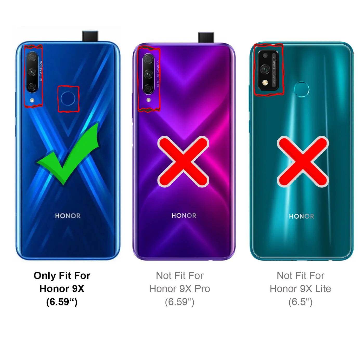 Drei Honor 9X Smartphones von hinten: Blau mit Haken, Lila und Türkis mit X. Zeigt Passform für Honor 9X.