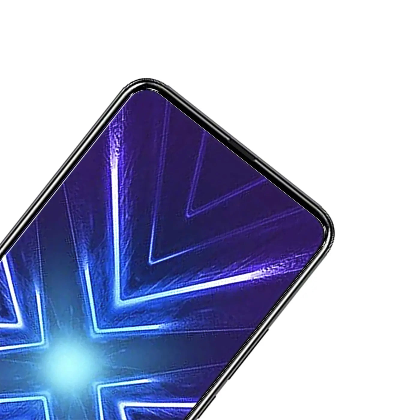 Honor 9X Smartphone, obere linke Ecke, schräg von oben. Schwarzer Rahmen, Display mit blau-lila Leuchtmuster.