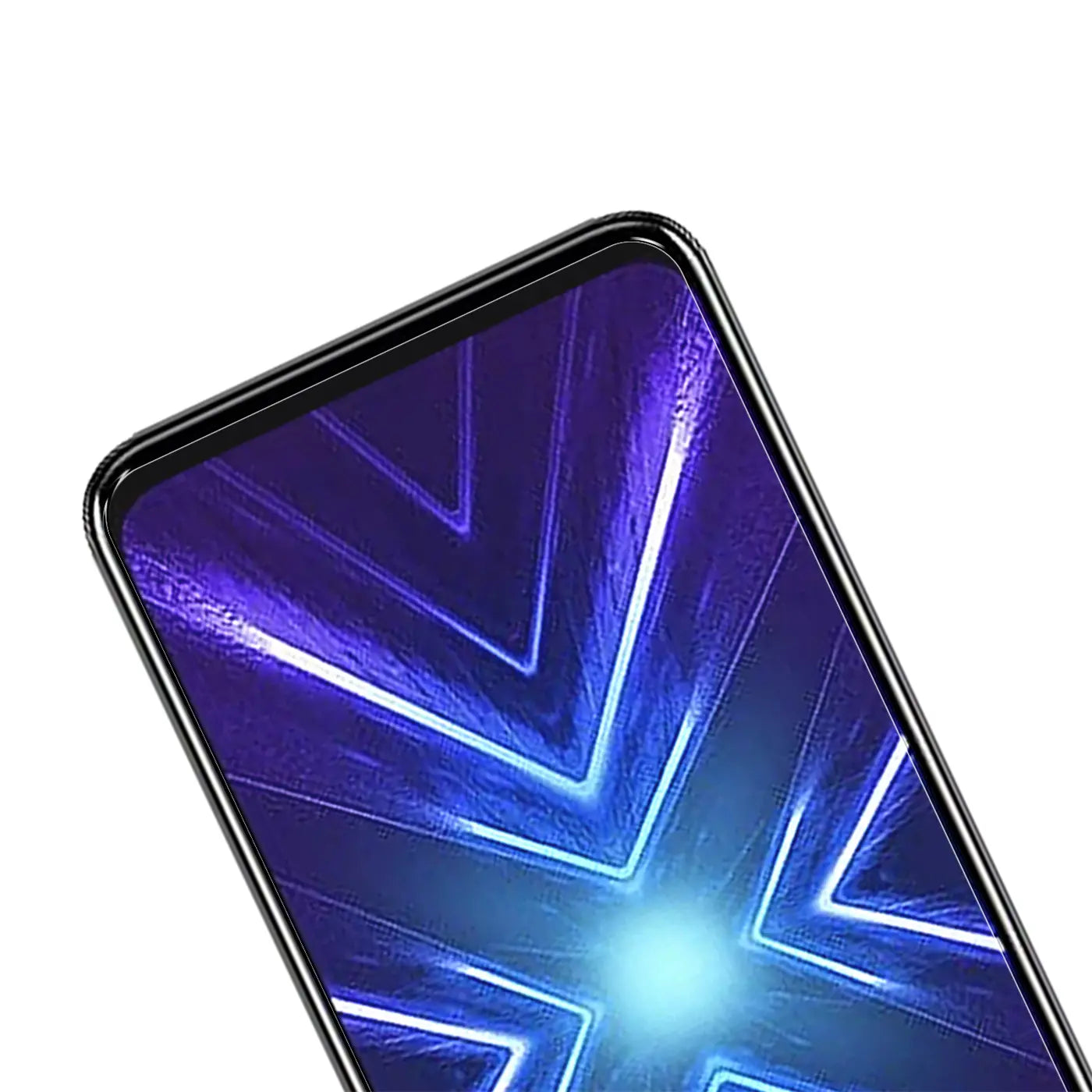 Honor 9X mit schwarzem Rahmen und Panzerglas-Displayschutz, schräg von oben, mit blau-violettem Hintergrundbild.