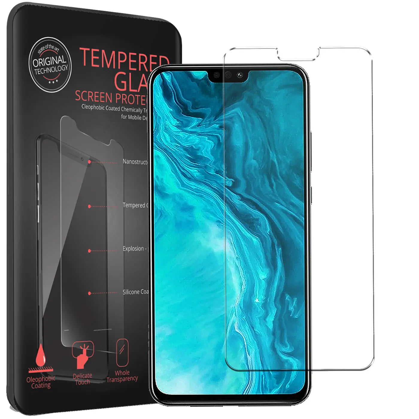 Schwarzes Honor 9X Lite Smartphone mit blauem Display, daneben zwei transparente Panzerglas-Displayschutzfolien und.