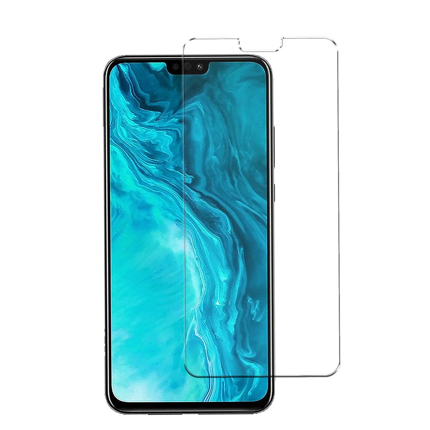 Honor 9X Lite Smartphone mit schwarzem Rahmen, frontal, daneben ein transparentes Panzerglas Displayschutz mit Aussparungen.