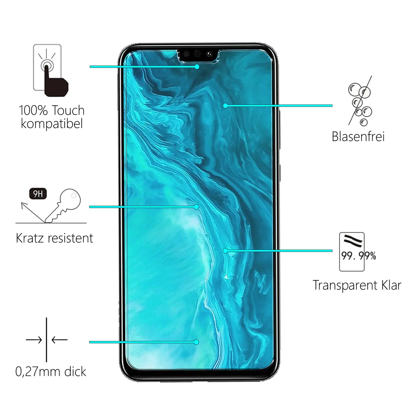 Honor 9X Lite Smartphone von vorne mit transparentem Panzerglas-Displayschutz. Türkises Hintergrundbild, weiße Icons.