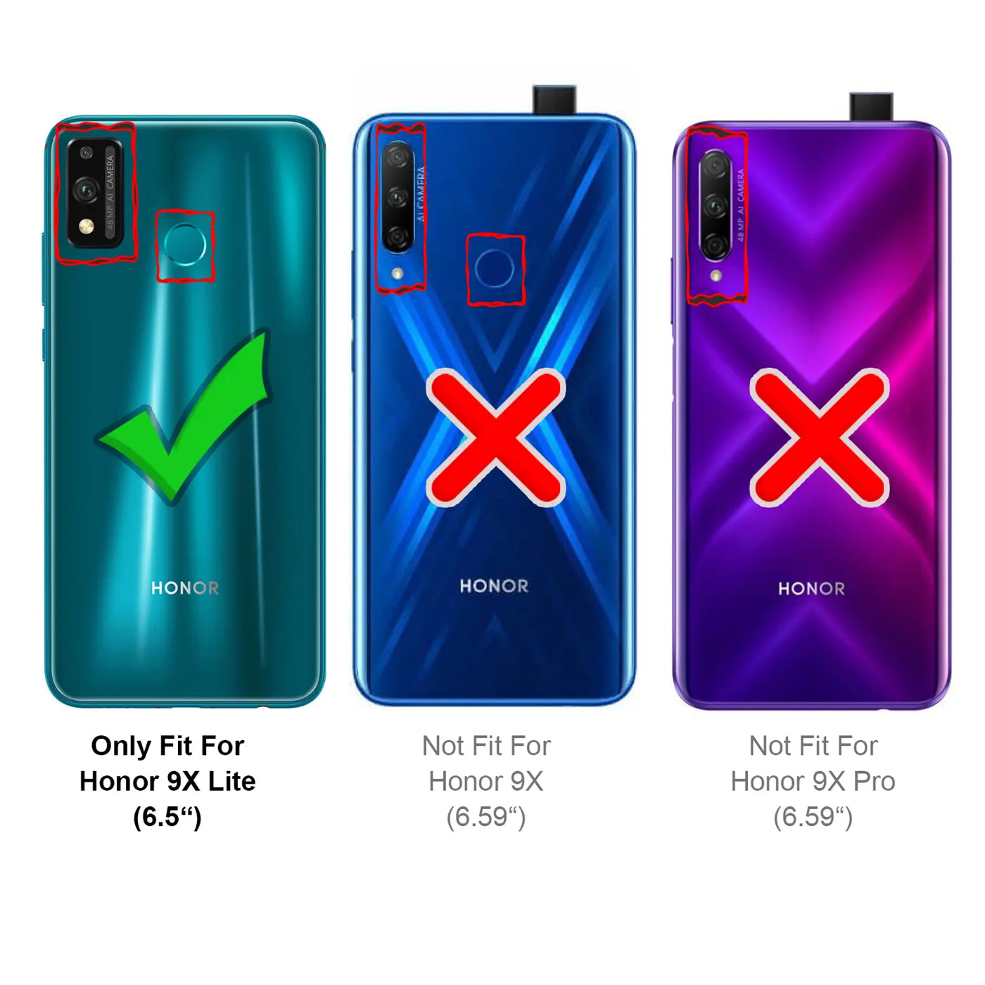 Rückseite von 3 Honor Smartphones (9X Lite, 9X, 9X Pro) in Grün, Blau, Lila, mit Kamera und Fingerabdrucksensor.