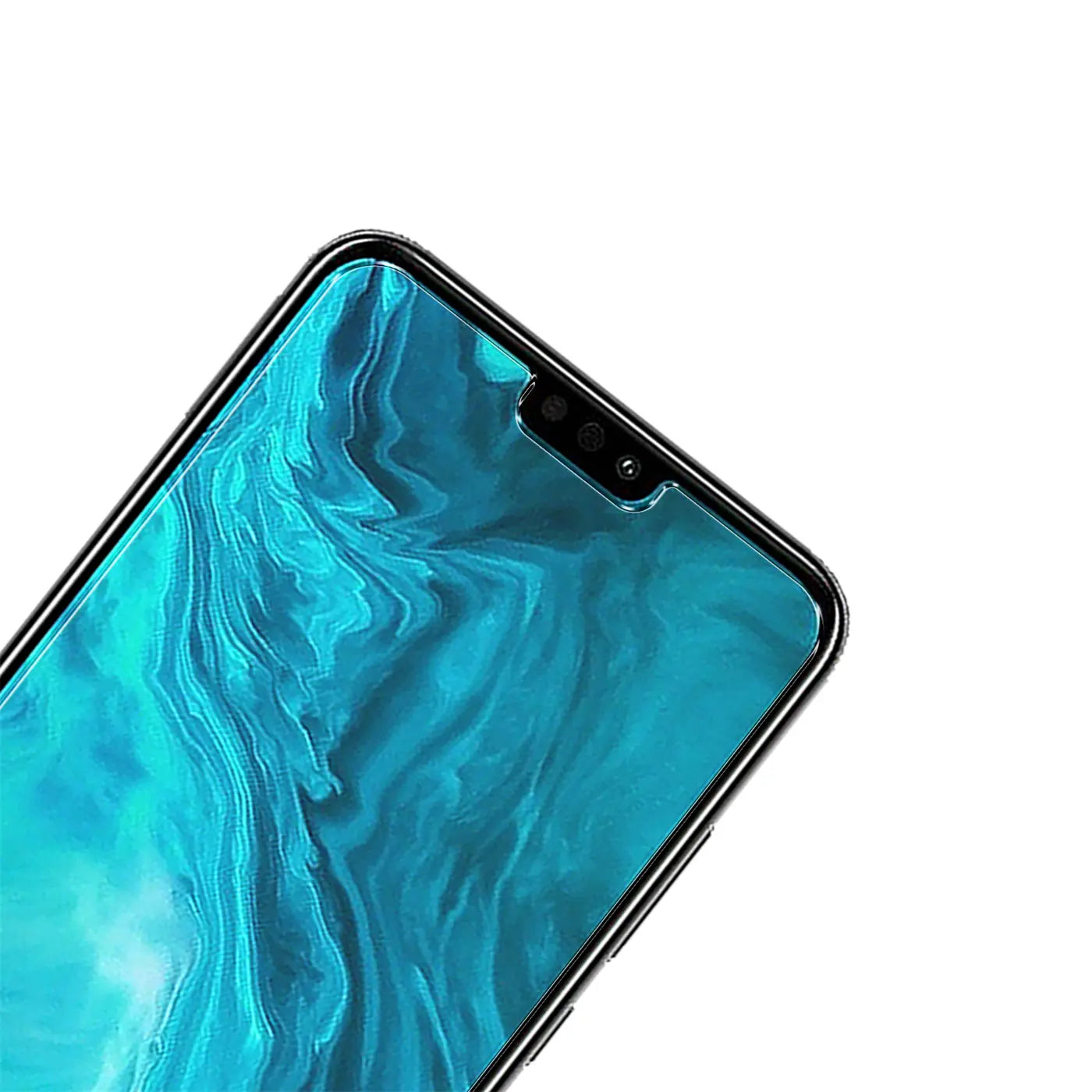 Honor 9X Lite Smartphone, obere rechte Ecke, mit transparentem Panzerglas-Displayschutz und Notch für Kamera/Sensor.