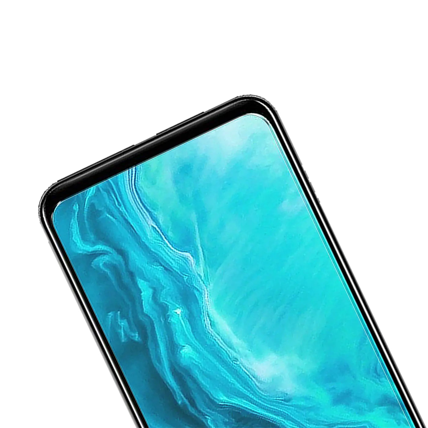Oberer Teil eines schwarzen Honor 9X Lite Smartphones mit blauem Display, schräg von oben rechts.