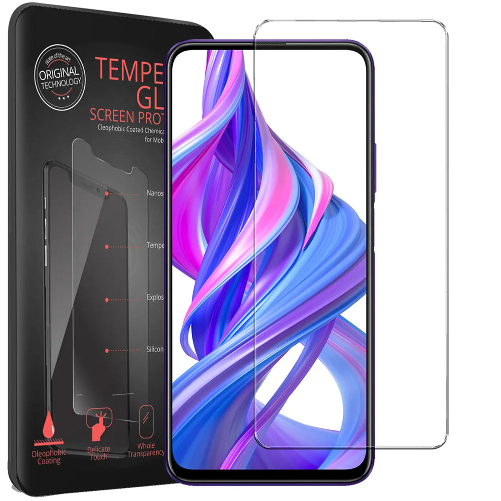 Honor 9X Pro mit bunten Display-Hintergrund, daneben 2 transparente Panzerglas-Displayschutzfolien und schwarze Verpackung.