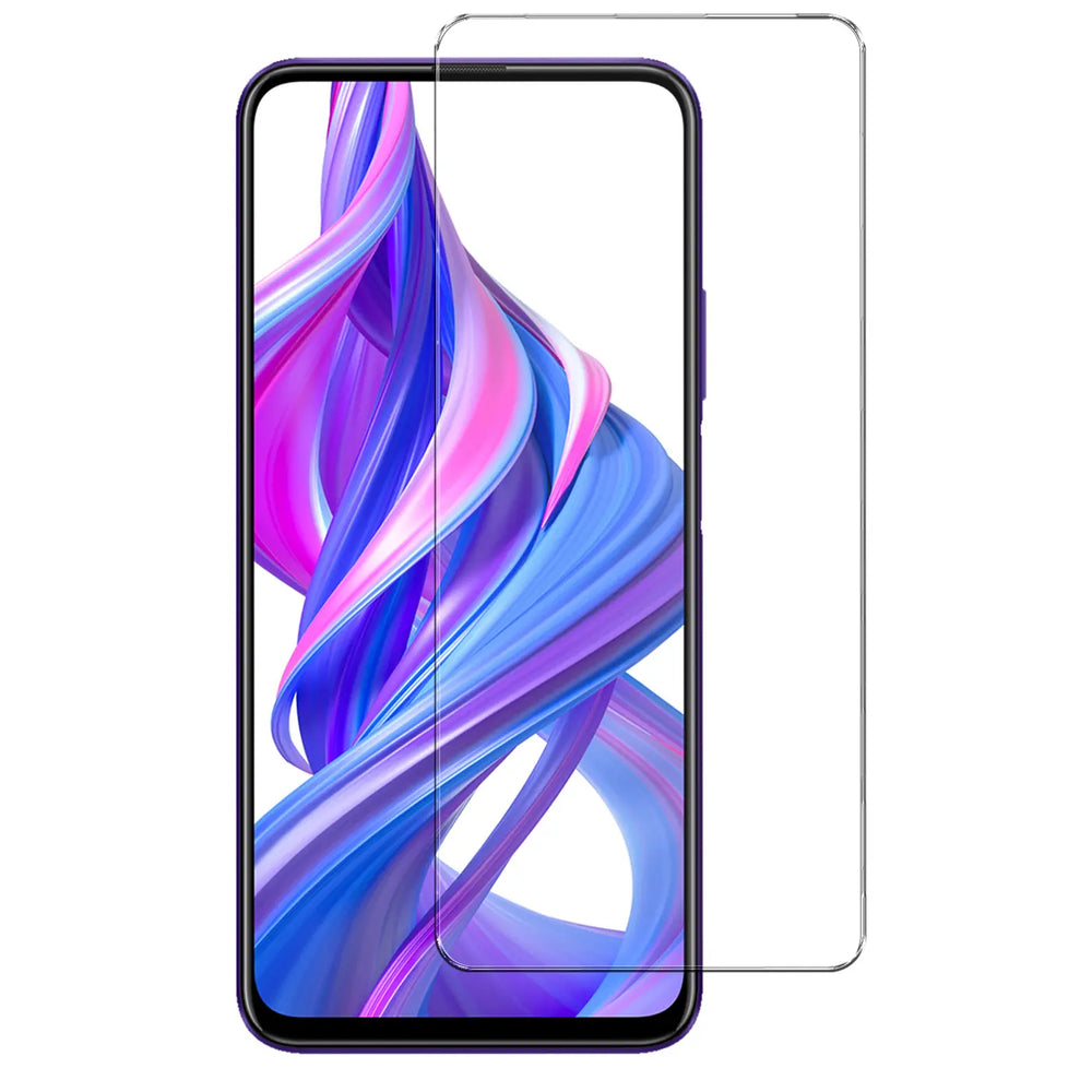 Honor 9X Pro Smartphone mit blauem Display-Hintergrund und einem transparenten Panzerglas-Displayschutz daneben, frontal.