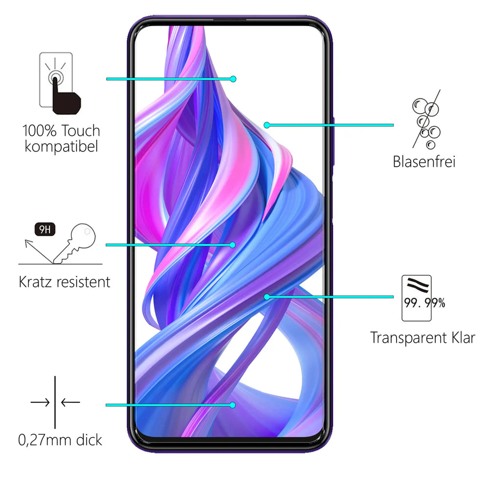 Honor 9X Pro mit Panzerglas-Displayschutz (transparent, Glas) von vorne; Eigenschaften wie Kratzfestigkeit und Dicke.