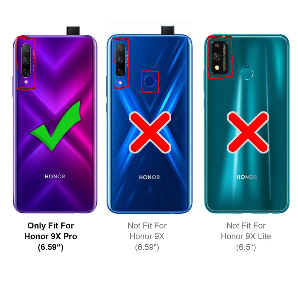 Drei Honor 9X Smartphones (lila, blau, türkis) von hinten, zeigen die Kompatibilität mit dem Honor 9X Pro.