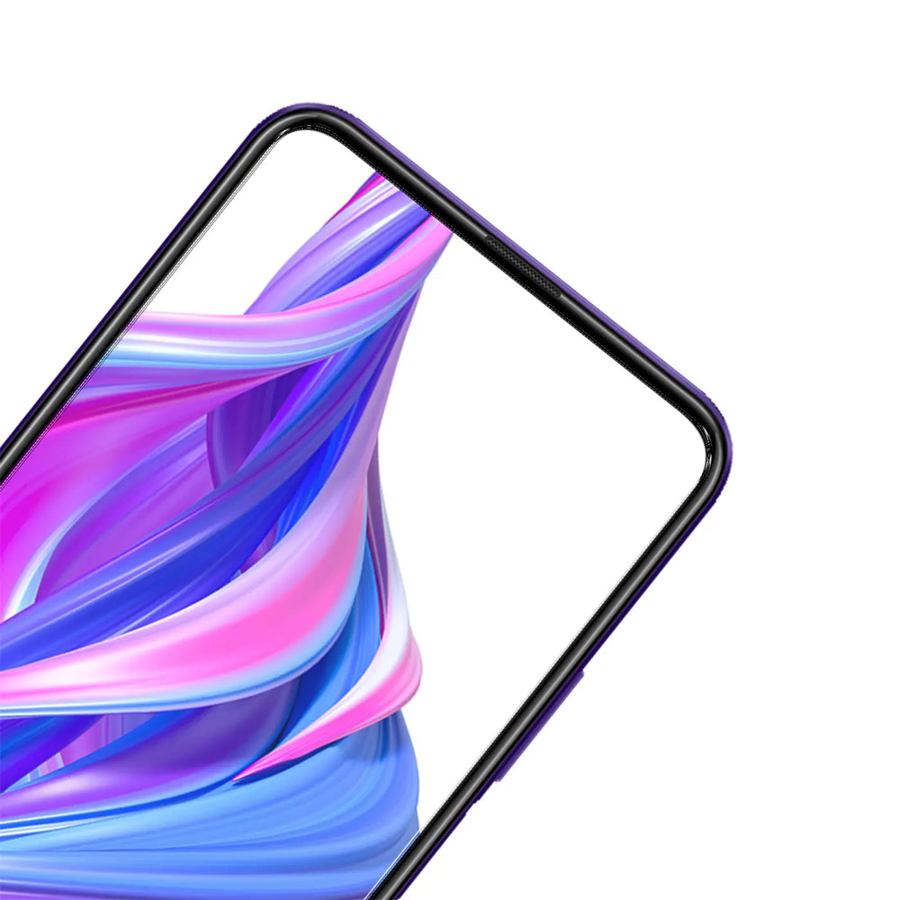 Honor 9X Pro Smartphone, schräg von oben, mit farbigem Display und schwarzem Rahmen, auf weißem Hintergrund.