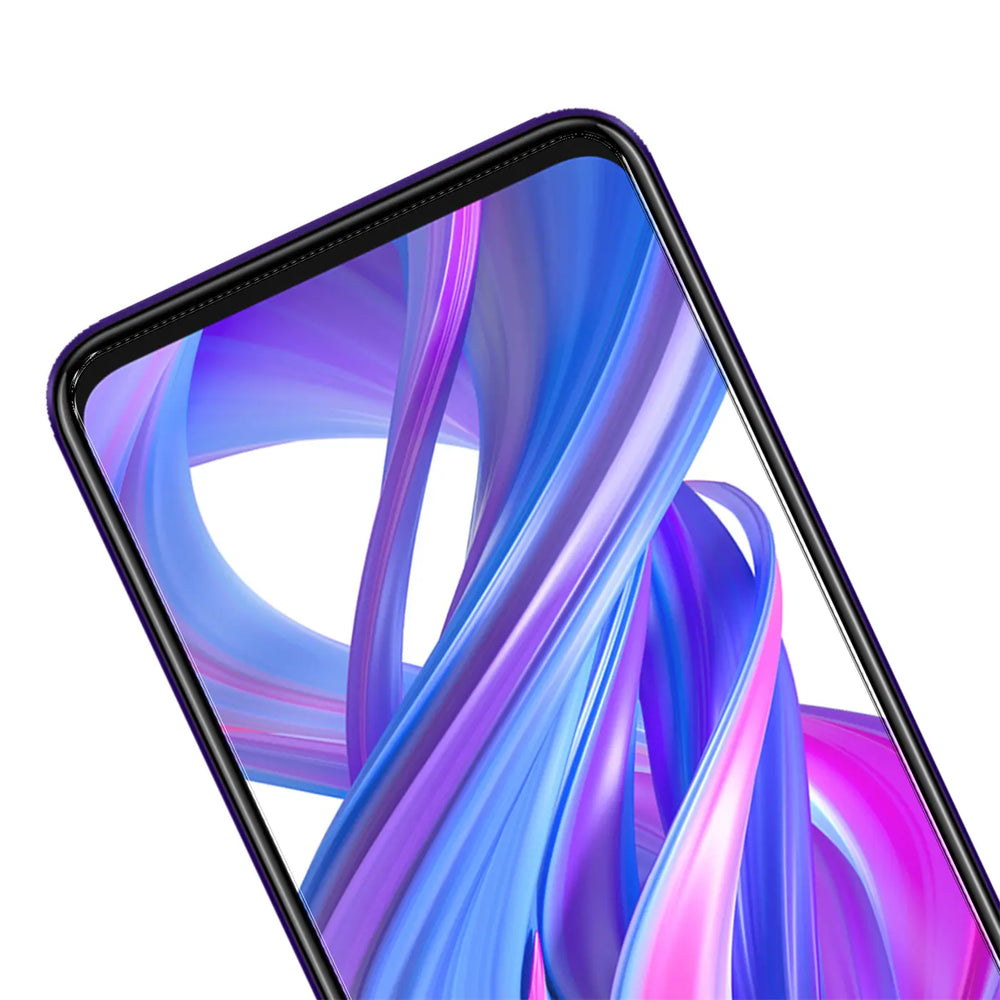 Honor 9X Pro Smartphone mit schwarzem Rahmen und Display mit abstrakten lila-blauen Formen, schräg von oben.