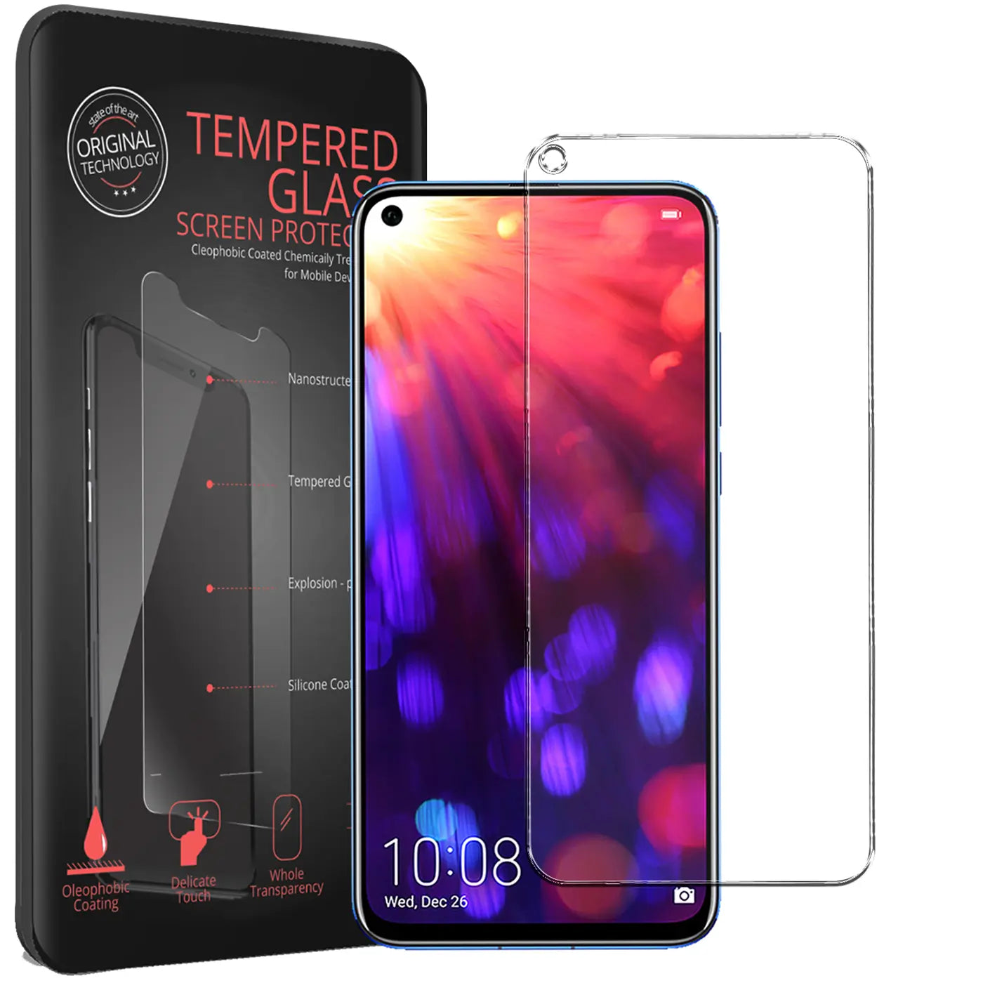 Schwarze Verpackung mit "Tempered Glass" Schriftzug, davor ein Honor View 20 mit aufgelegtem, klarem Panzerglas.