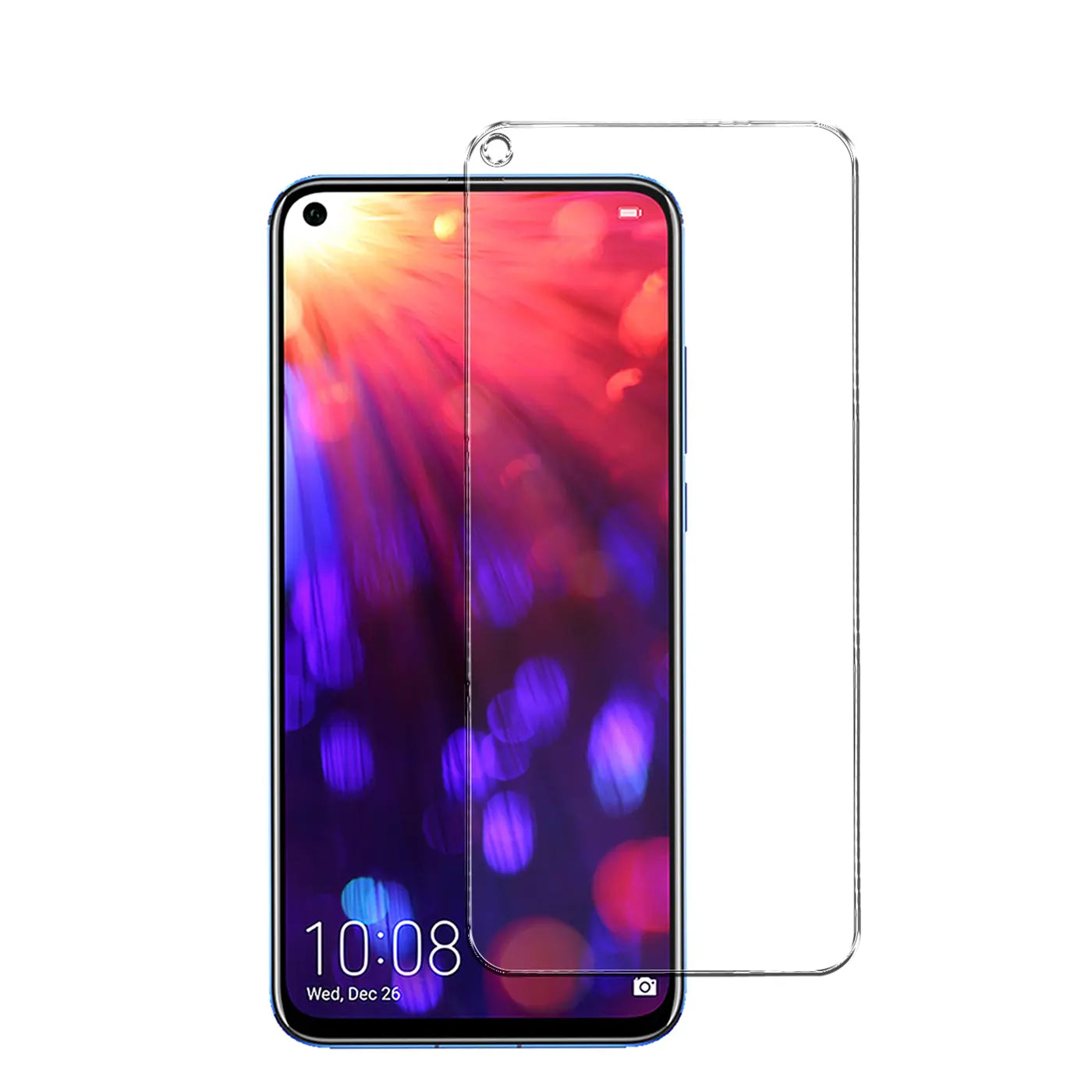 Honor View 20 in Blau, frontal, mit halb aufgelegtem, transparentem Panzerglas-Displayschutz, der die Frontkamera freilässt.