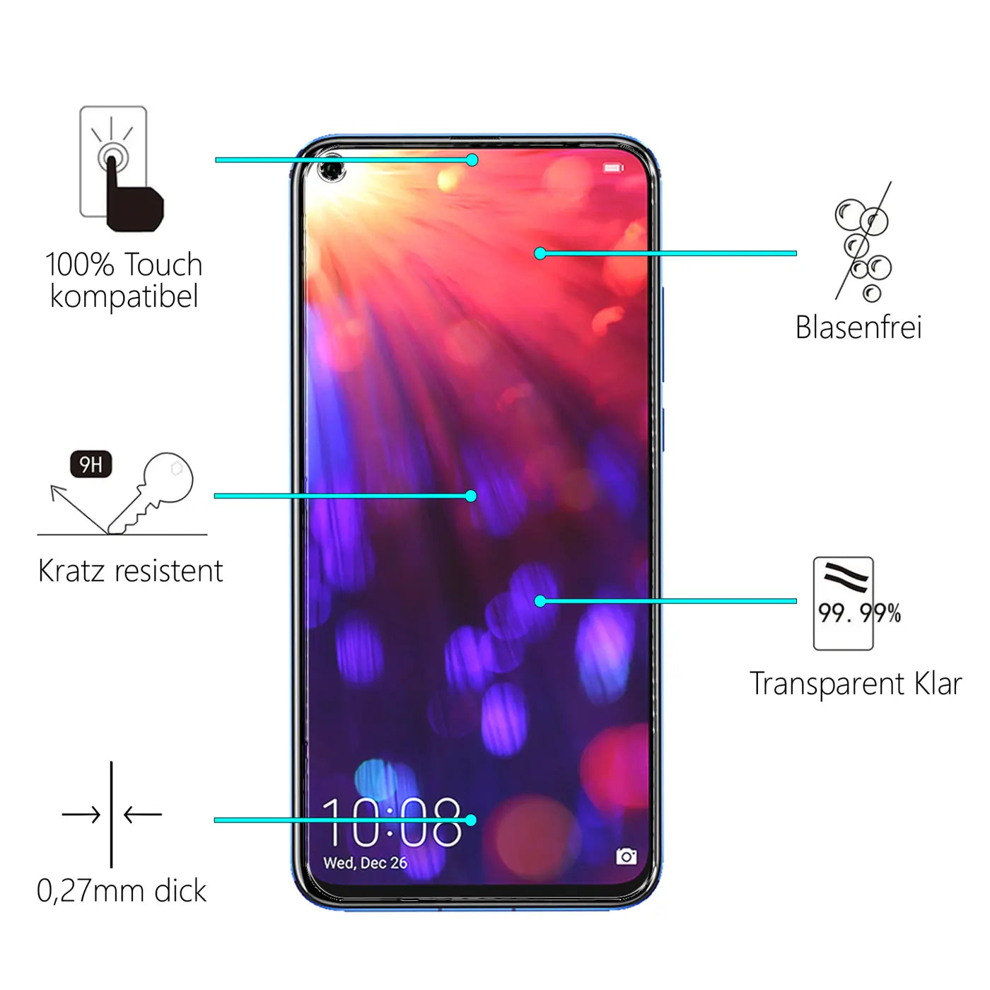 Honor View 20 Smartphone mit transparentem Panzerglas-Displayschutz, Frontansicht. Eigenschaften wie kratzresistent.
