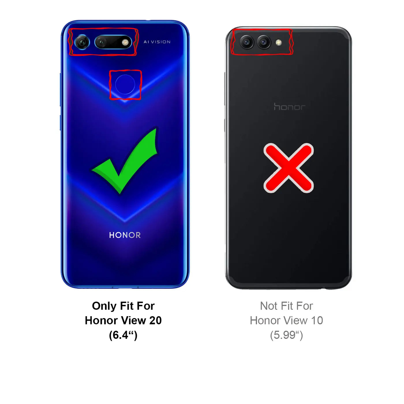Rückseite eines blauen Honor View 20 mit Haken und eines schwarzen Honor View 10 mit X, beide von oben.
