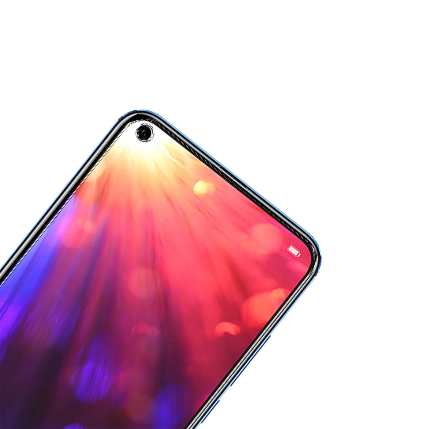 Nahaufnahme des oberen linken Bereichs eines Honor View 20 mit Panzerglas-Displayschutz, schräg von oben.