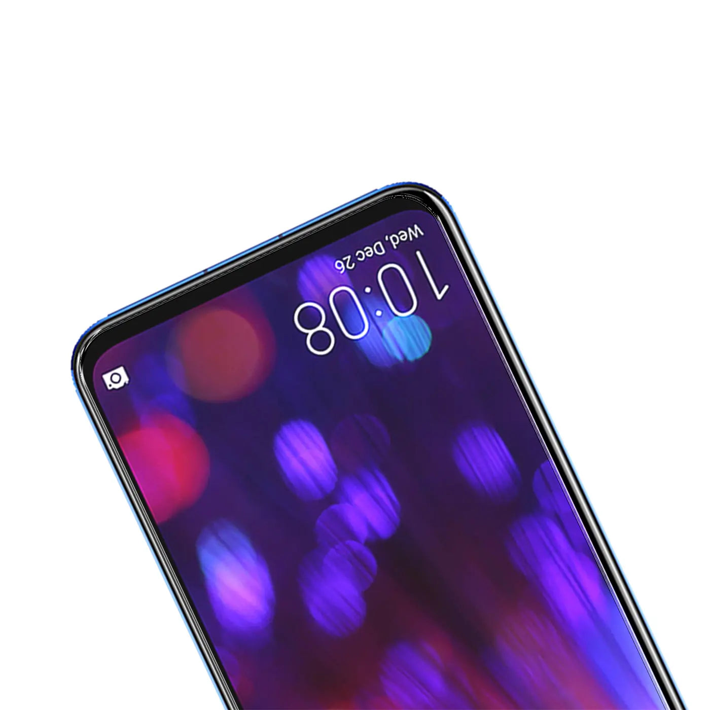 Oberer Teil eines blauen Honor View 20 Smartphones mit Panzerglas Displayschutz, schräg von oben.