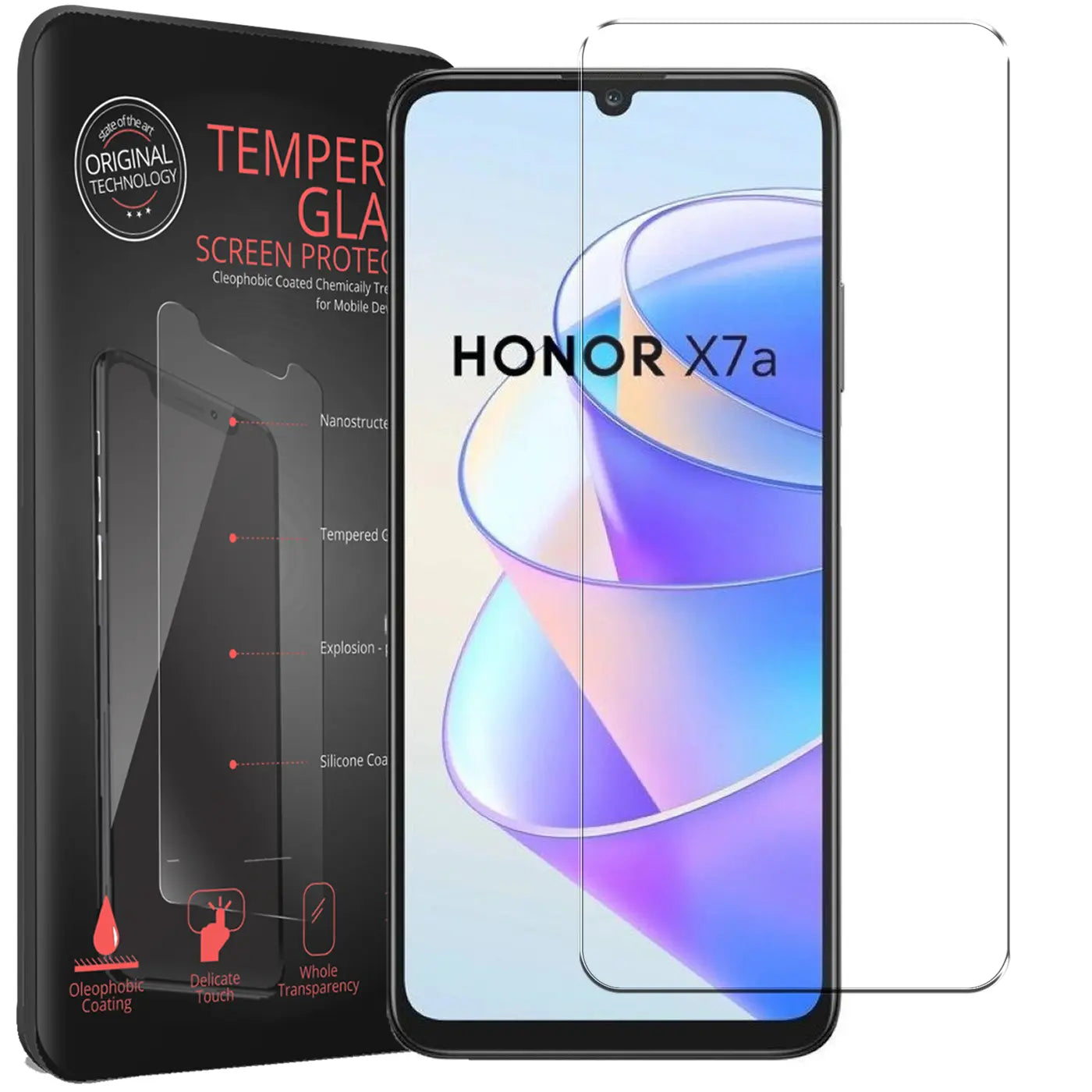 Schwarze Verpackung, Honor X7a Smartphone mit Displayfolie und eine separate, klare Panzerglas-Displayschutzfolie.