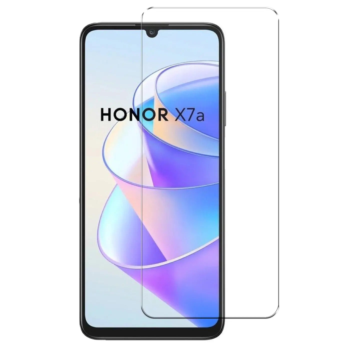 Honor X7a Smartphone mit transparentem Panzerglas-Displayschutz von vorne, leicht nach rechts versetzt.