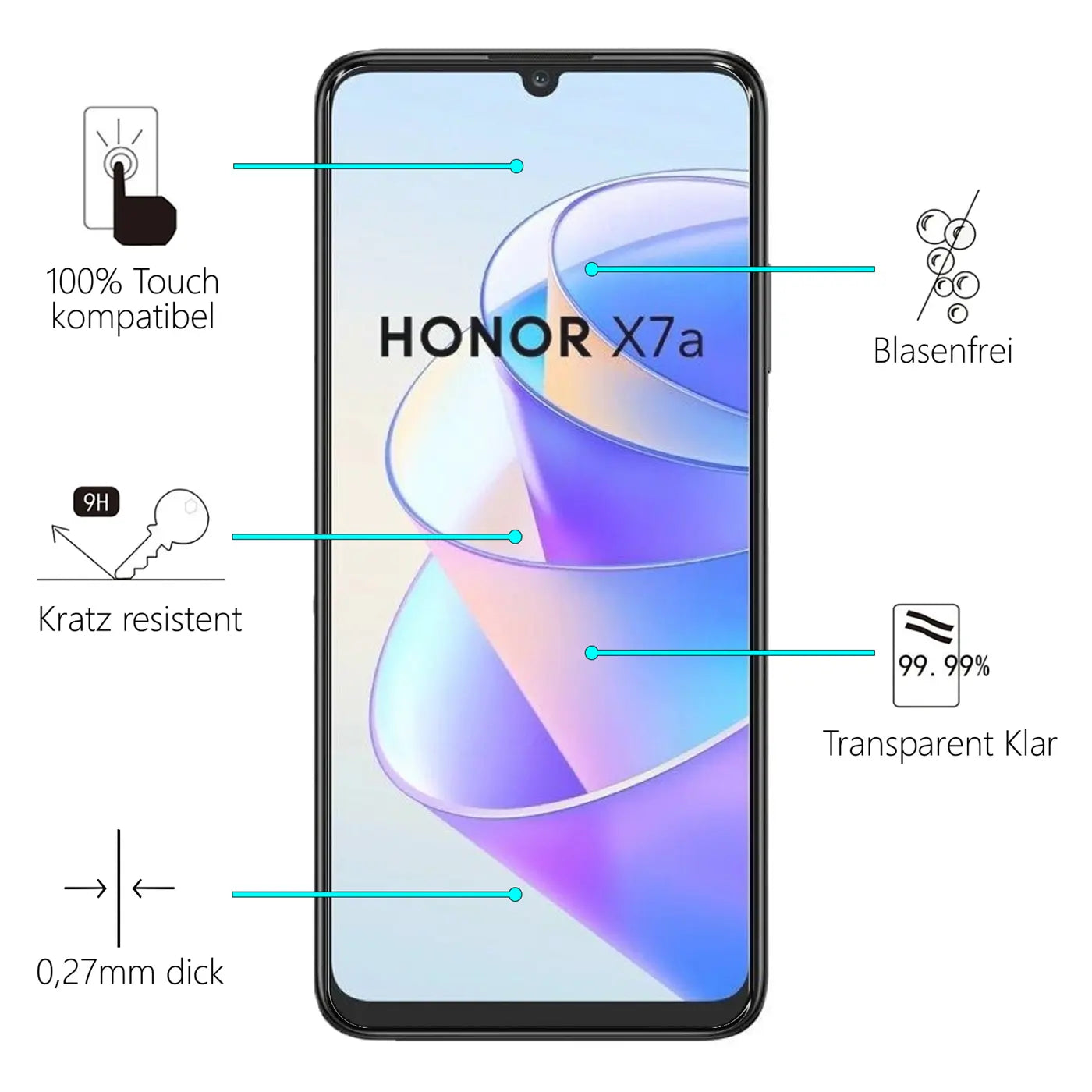 Schwarzes Honor X7a Smartphone frontal, mit türkisen Linien zu Symbolen für Displayschutz-Eigenschaften auf weißem.