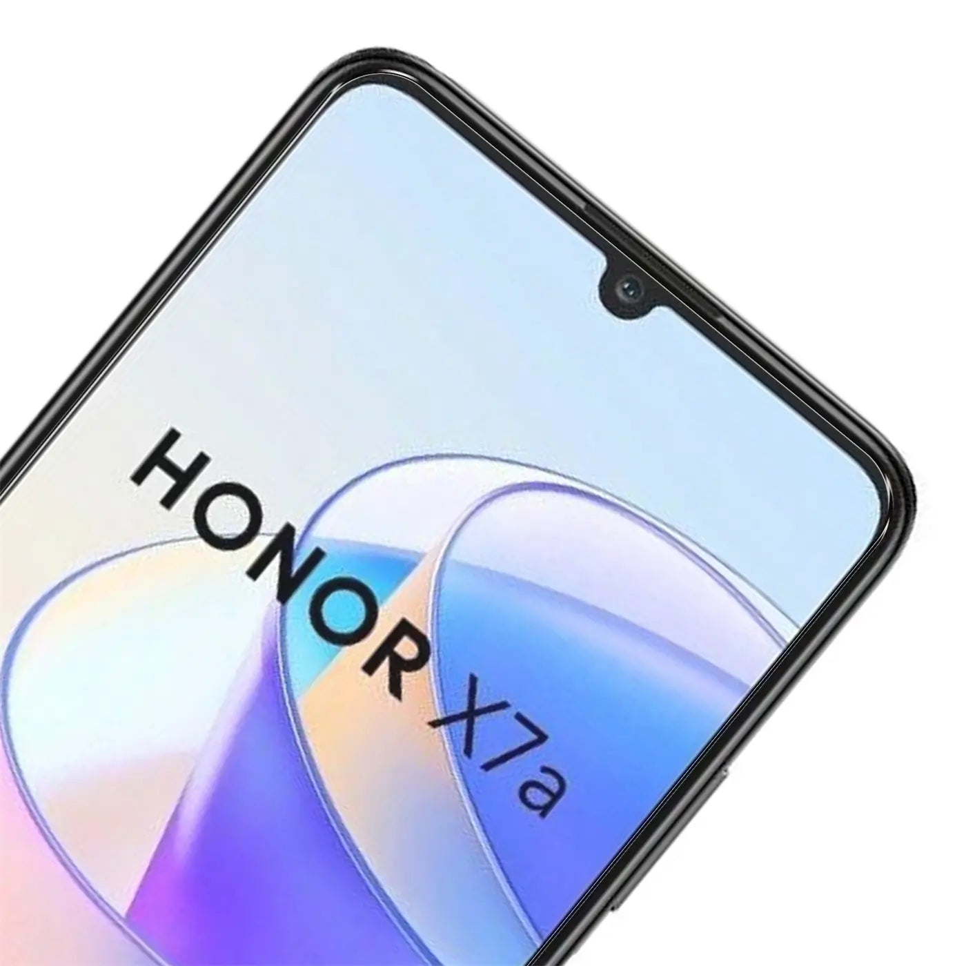 Schwarzes Honor X7a Smartphone mit Display-Schutzfolie, schräg von oben rechts, mit "HONOR X7a" auf dem Display.