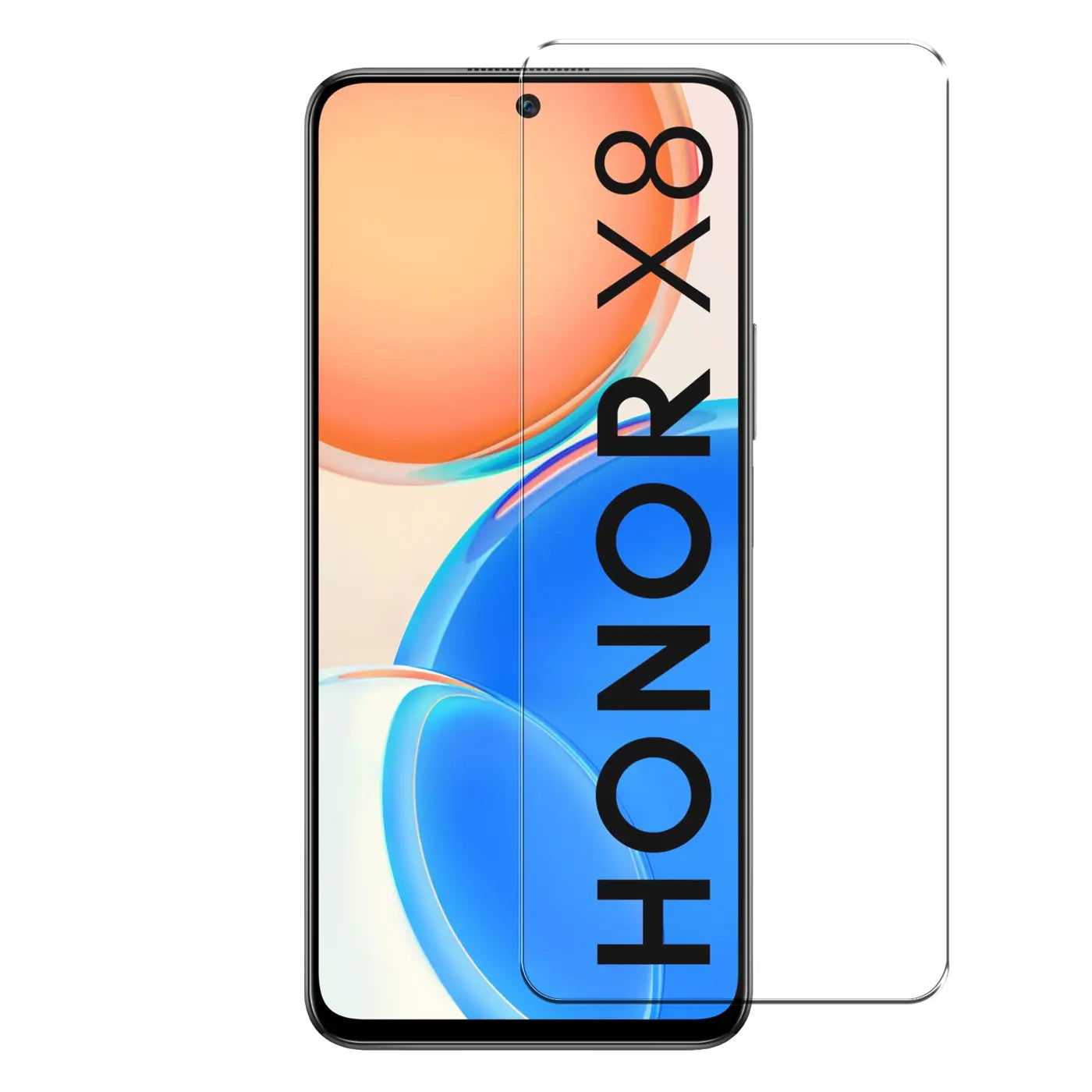Honor X8 Smartphone mit aufgelegtem, transparentem Panzerglas Displayschutz aus Glas, daneben ein zweiter Schutz.