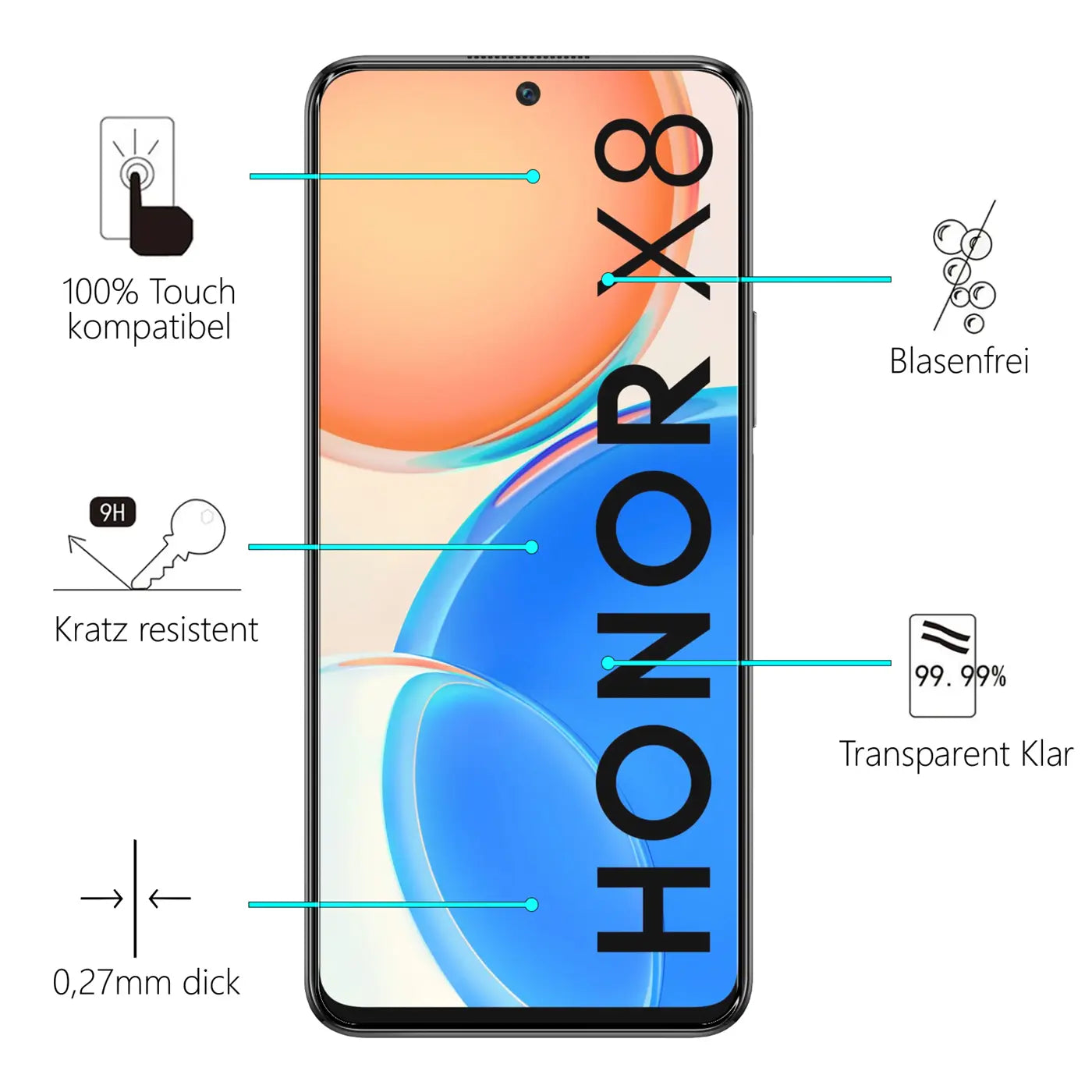 Honor X8 Smartphone mit Panzerglas Displayschutz, frontal. Eigenschaften wie 9H Kratzfestigkeit und 0,27mm Dicke.