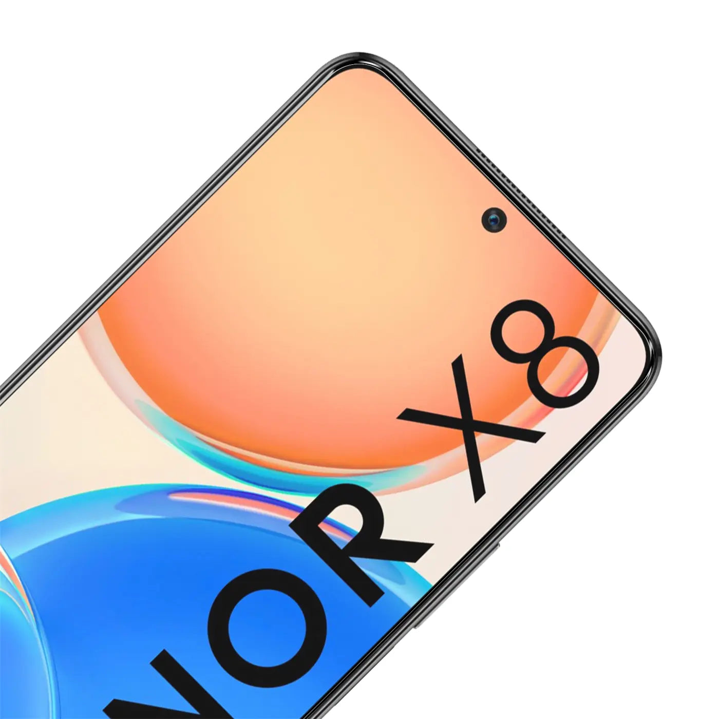 Honor X8 Smartphone, schräg von oben rechts, mit schwarzem "HONOR X8" Schriftzug auf farbigem Display.