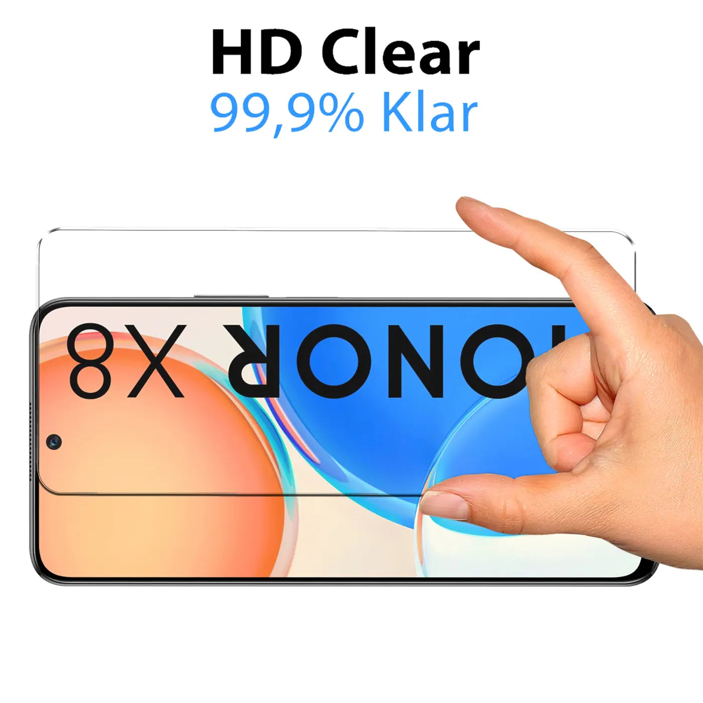 Eine Hand hält ein klares Panzerglas über einem Honor X8 Smartphone. Blick von oben.