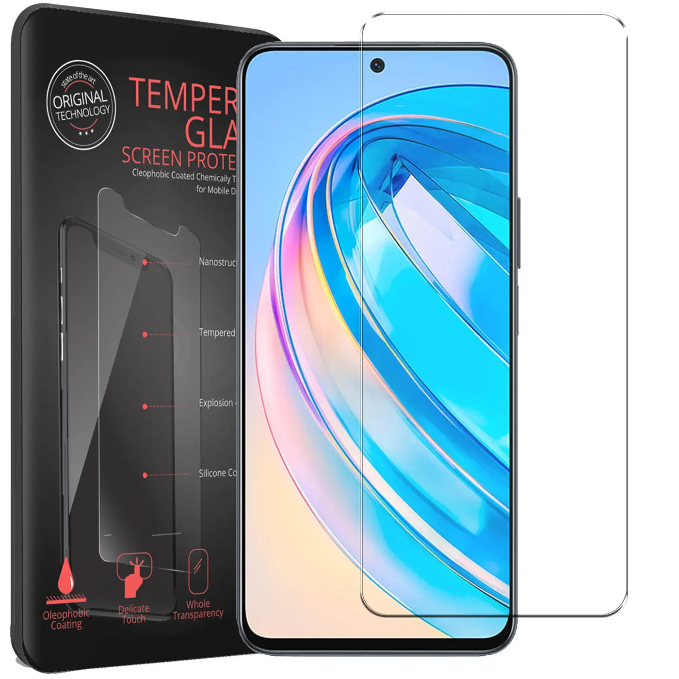 Schwarzes Honor X8a Smartphone mit angebrachtem, transparentem Panzerglas-Displayschutz und einem weiteren daneben.
