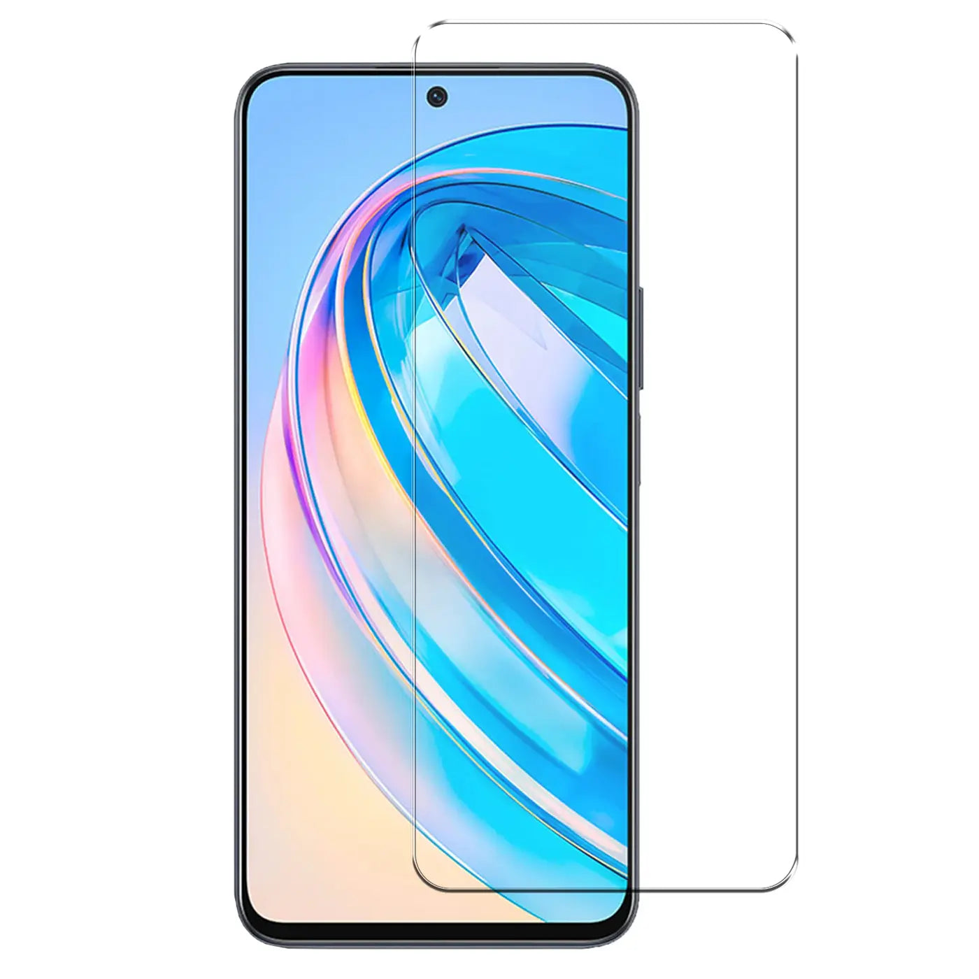 Honor X8a Smartphone mit transparentem Panzerglas Displayschutz (9H) von vorne, leicht schräg von oben.