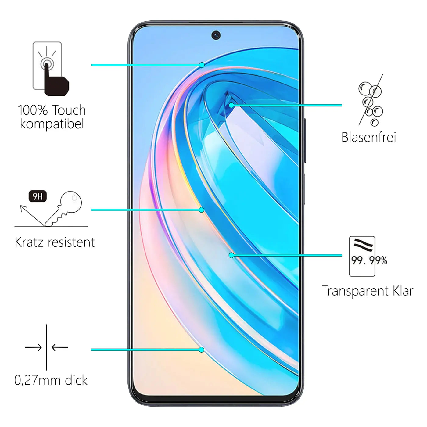Honor X8a Handy mit Panzerglas Displayschutz (transparent, Glas) von vorne, umgeben von Piktogrammen und Text.