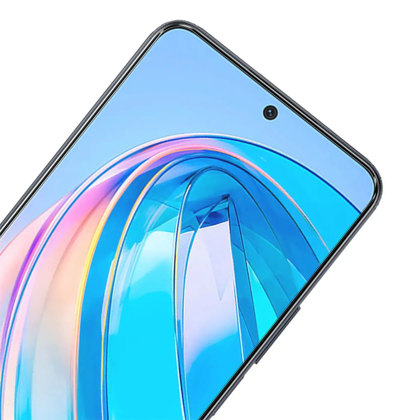Honor X8a Smartphone, Display mit Panzerglas-Schutzfolie, schräg von oben, Frontkamera sichtbar.