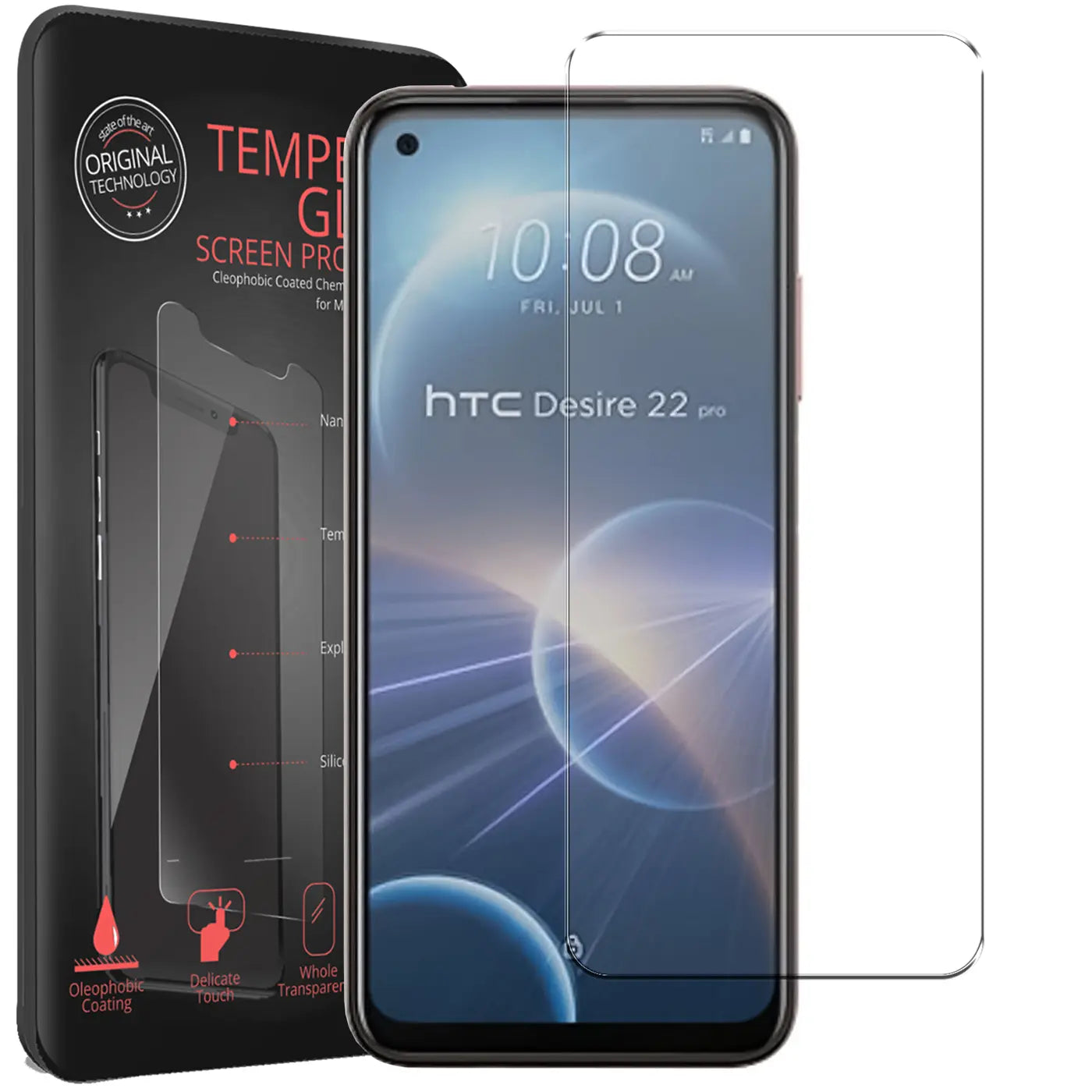 Schwarzes HTC Desire 22 Pro mit aufgelegtem, transparentem Panzerglas, daneben ein weiteres Panzerglas und schwarze.
