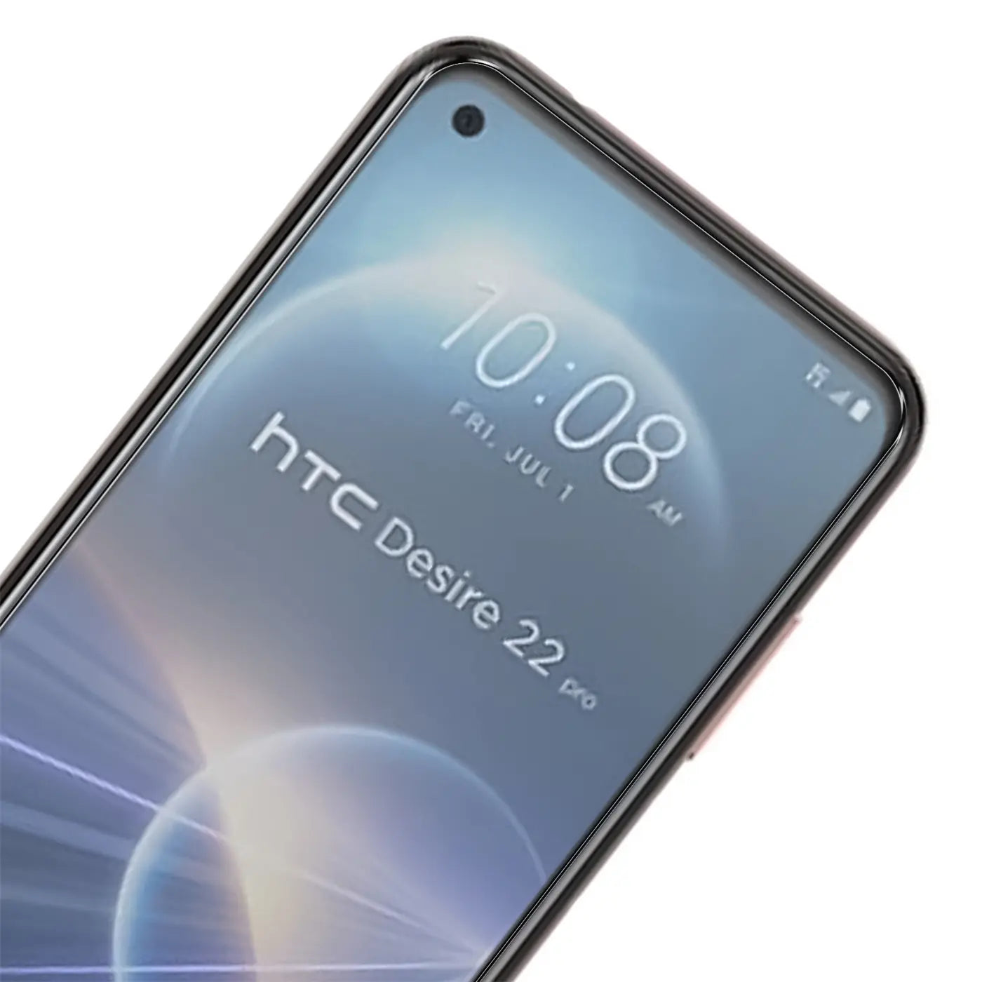 Nahaufnahme eines HTC Desire 22 Pro Smartphones mit Displayschutzfolie, schräg von oben, Display an.