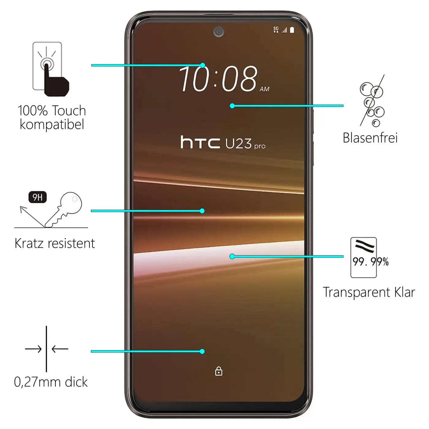 HTC U23 Pro Smartphone mit Displayschutzfolie, frontal. Schwarzes Handy mit braunem Display und Produktmerkmalen.