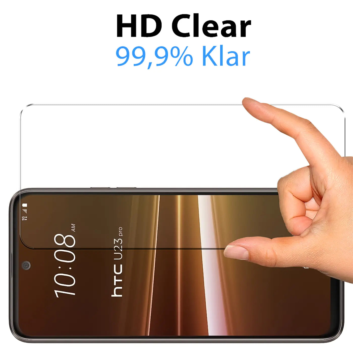 HTC U23 Pro Smartphone mit transparentem Panzerglas-Displayschutz, von Hand gehalten, Frontansicht.