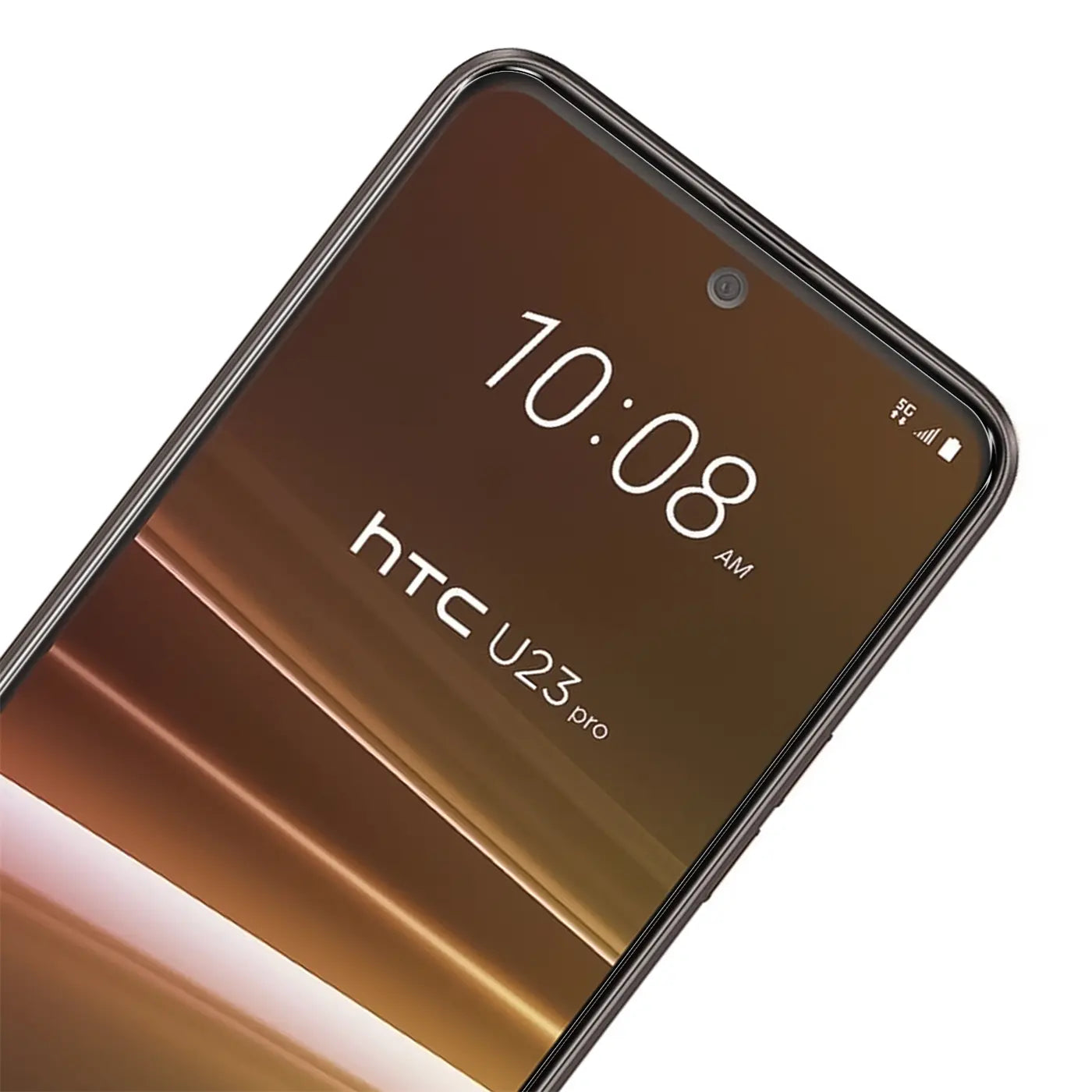 Nahaufnahme eines schwarzen HTC U23 Pro Smartphones mit braunem Display, leicht von oben links gesehen.