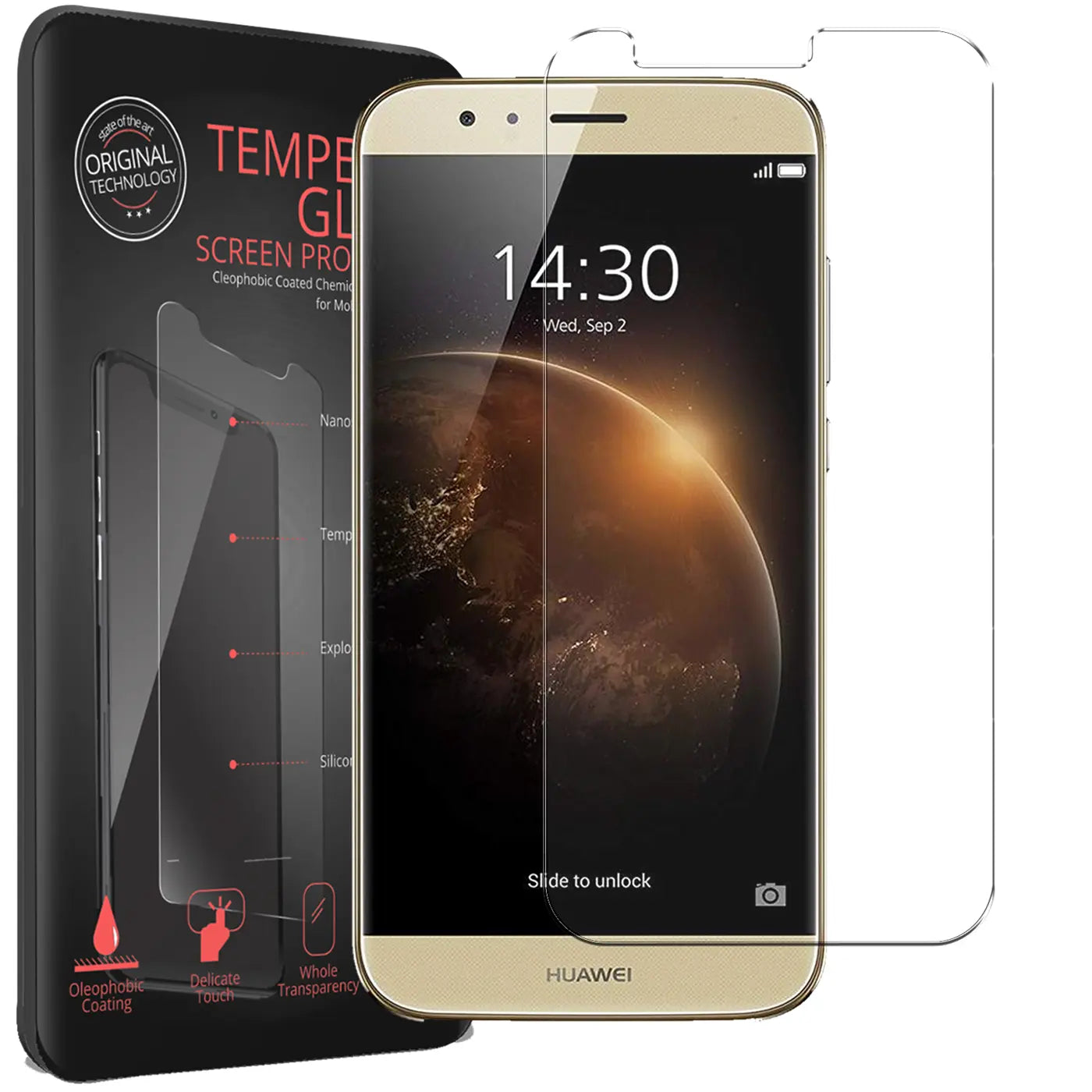 Goldenes Huawei G8 Smartphone mit angebrachtem transparenten Panzerglas-Displayschutz und schwarzer Produktverpackung.