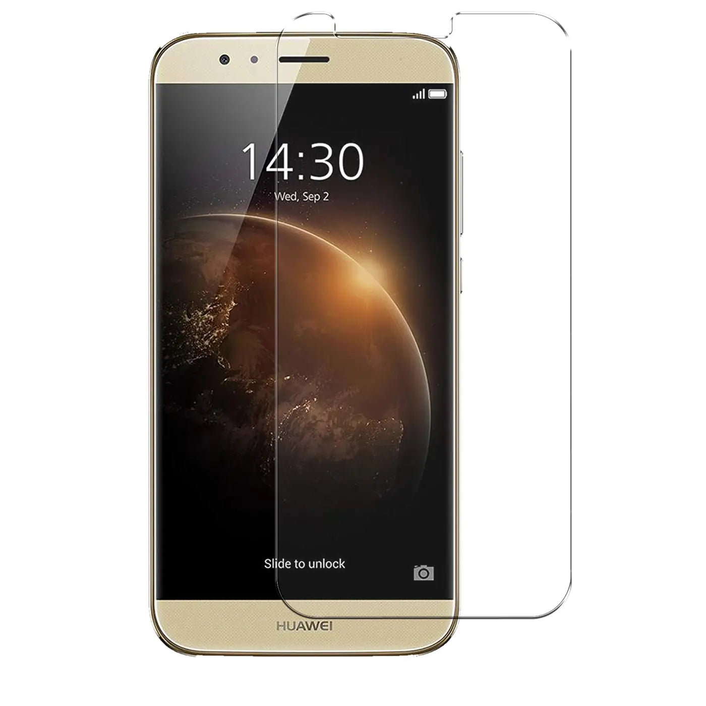 Goldenes Huawei G8 Smartphone von vorne mit einem teilweise angebrachten, transparenten Panzerglas Displayschutz.