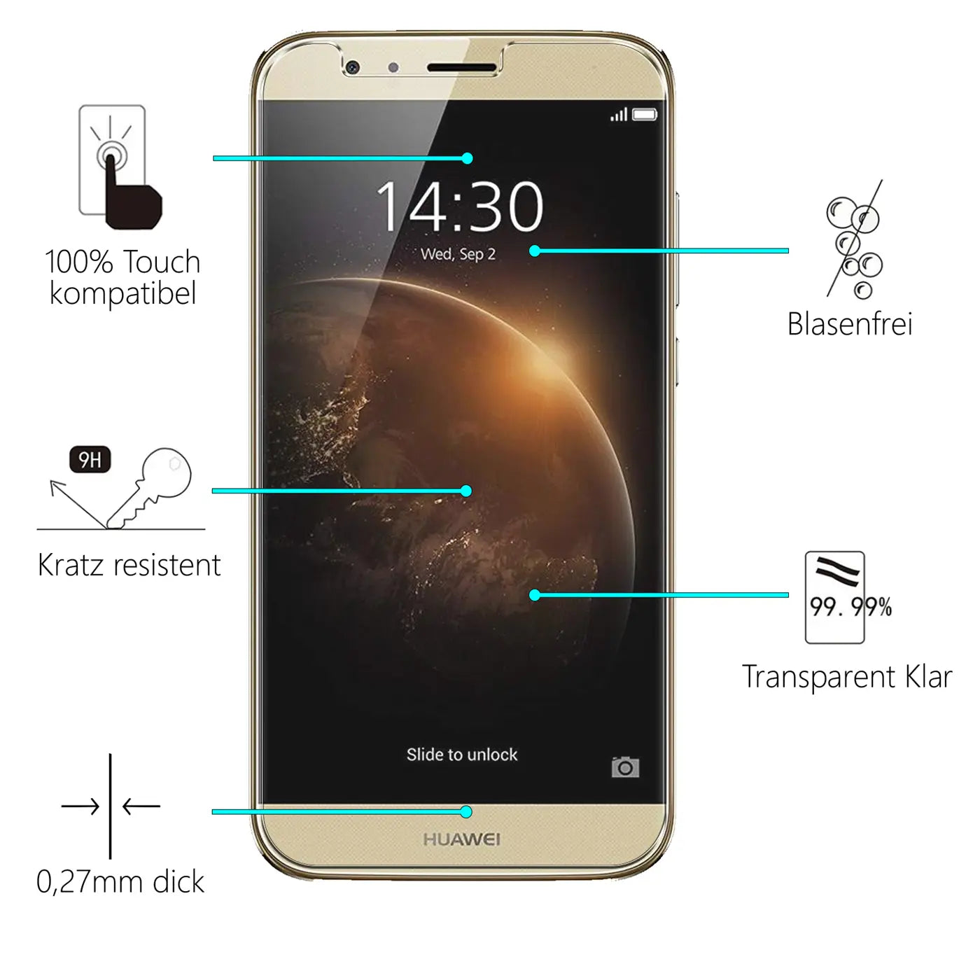 Goldenes Huawei G8 Smartphone frontal mit Panzerglas-Displayschutz und Eigenschaften wie "Kratz resistent" und "Blasenfrei".
