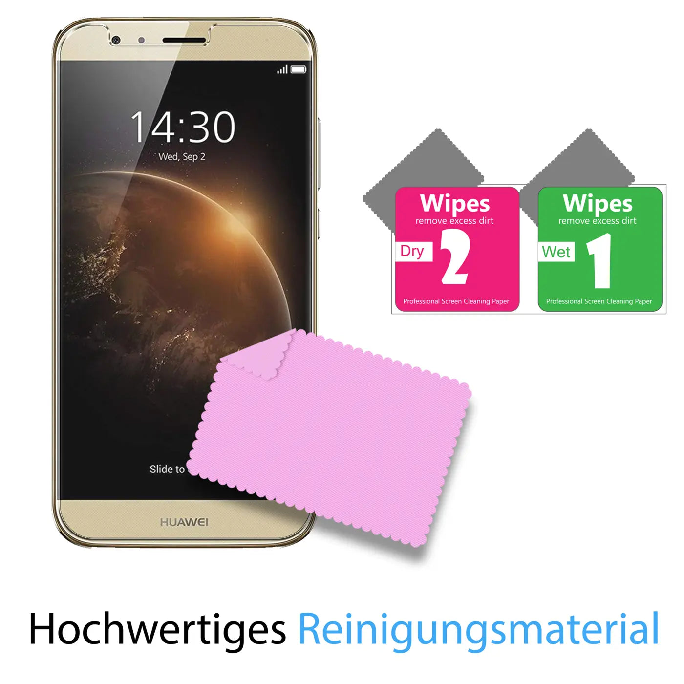 Goldenes Huawei G8 Smartphone von vorne mit rosa Mikrofasertuch und zwei Reinigungstüchern (Wet/Dry) auf weißem Hintergrund.