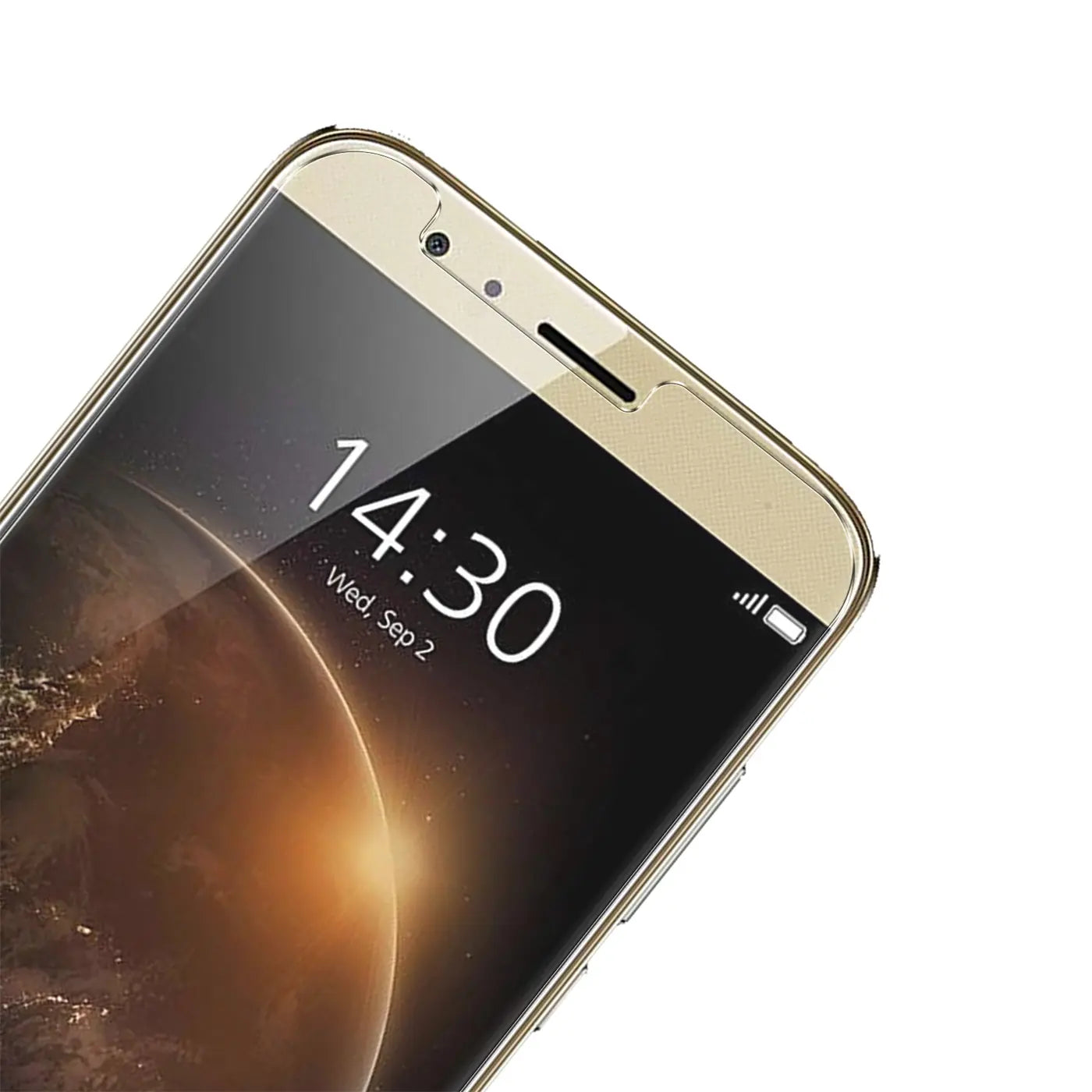 Goldenes Huawei G8 mit Panzerglas-Displayschutz, schräg von oben. Uhrzeit 14:30 und Datum Wed, Sep 2 sichtbar.