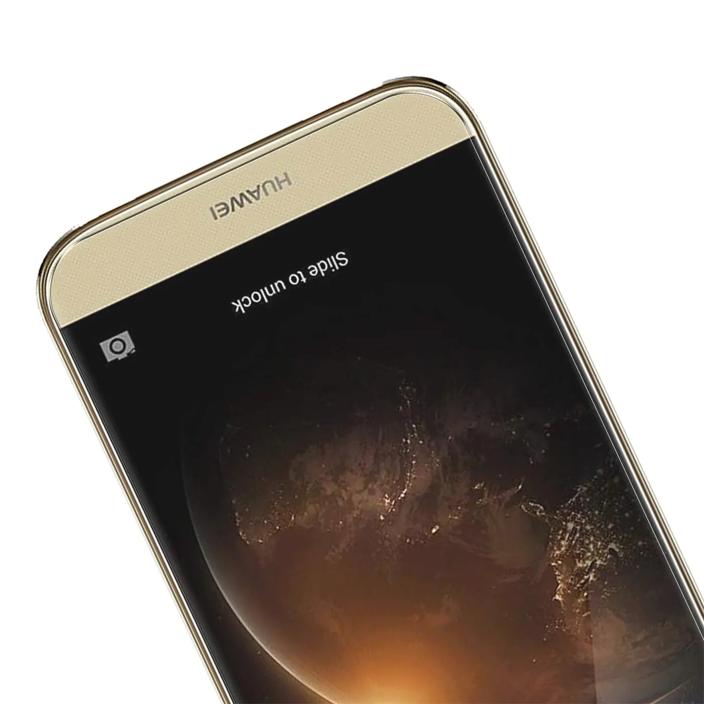Nahaufnahme eines goldenen Huawei G8 Smartphones von oben links, Display mit "Slide to unlock" und Kamera-Icon.