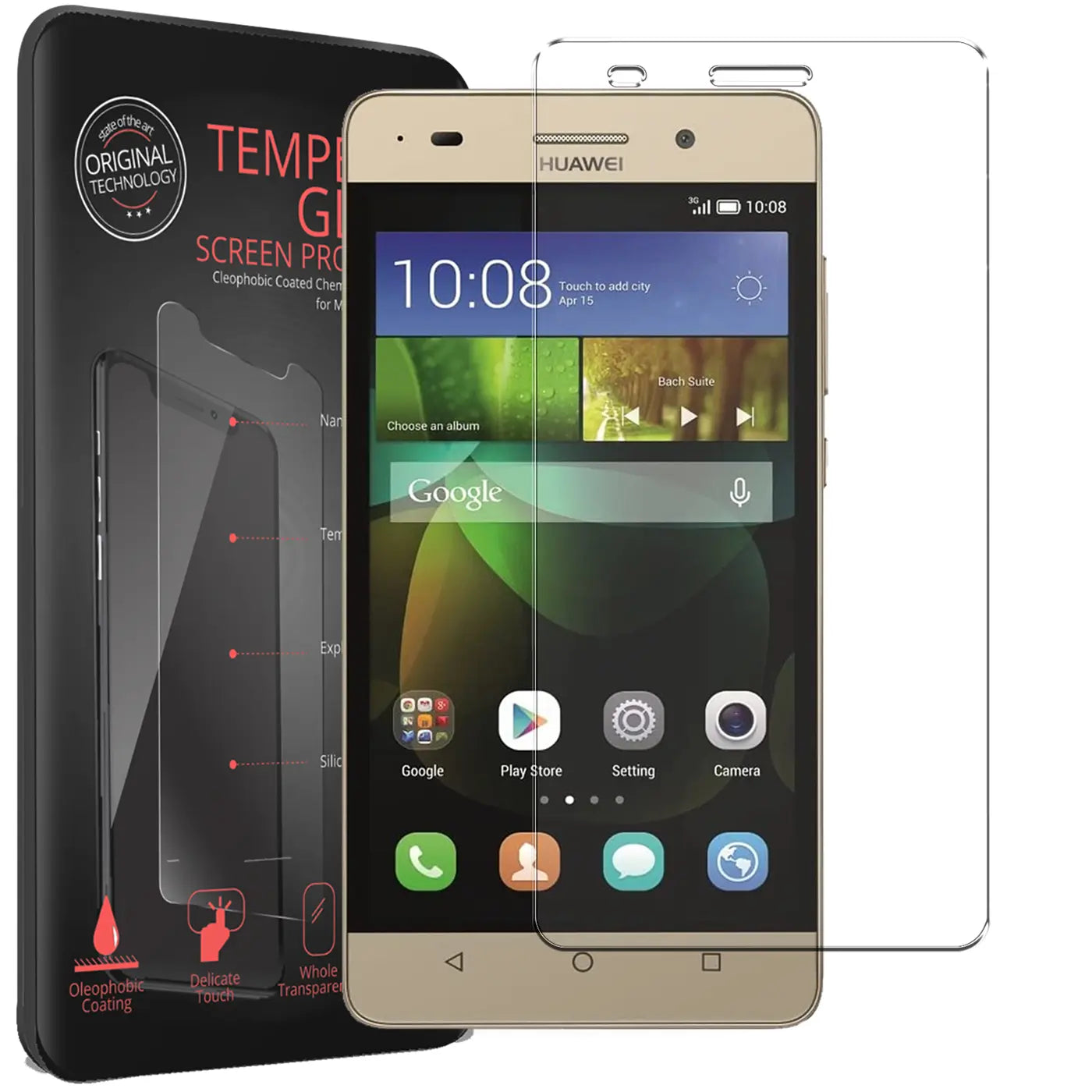 Goldenes Huawei G Play Mini Smartphone mit schwarzer Verpackung und zwei transparenten Panzerglas-Displayschutzfolien.