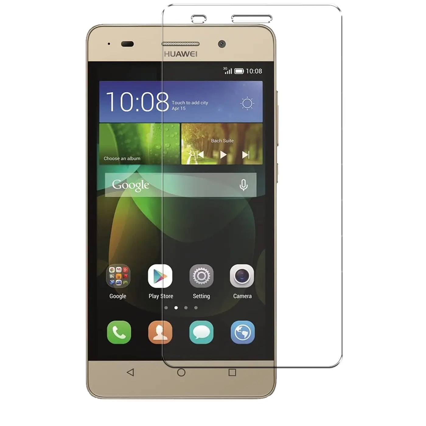 Goldenes Huawei G Play Mini Smartphone mit transparentem Panzerglas-Displayschutz von vorne, leicht schräg.